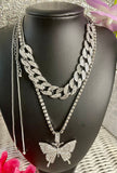 Silver Butterfly Bling Necklace & Chocker Set